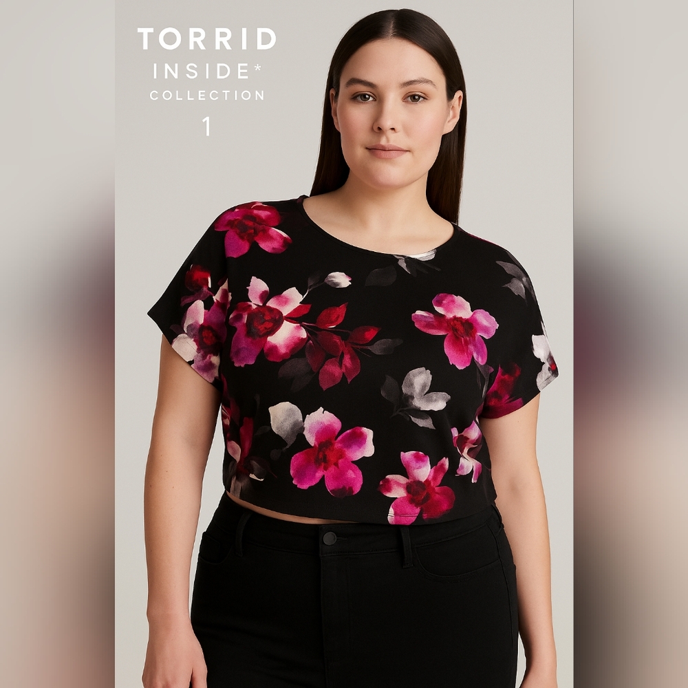 Torrid Women’s Black Floral Print Short Sleeve Crop Top Size 1
